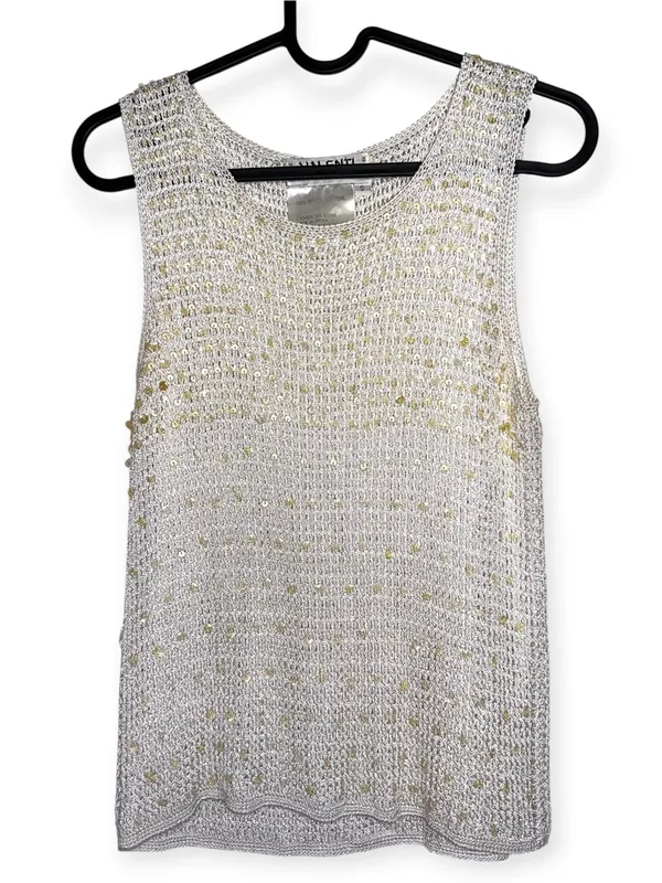 Valenti Vintage Crochet Knit Hand-Beaded Sequin White sleeveless Tank Top Size S - Image 2
