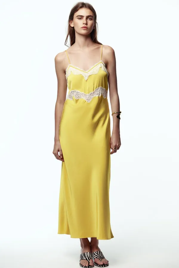 Zara Elegant Yellow Slip Dress with Lace Trim - Image 4