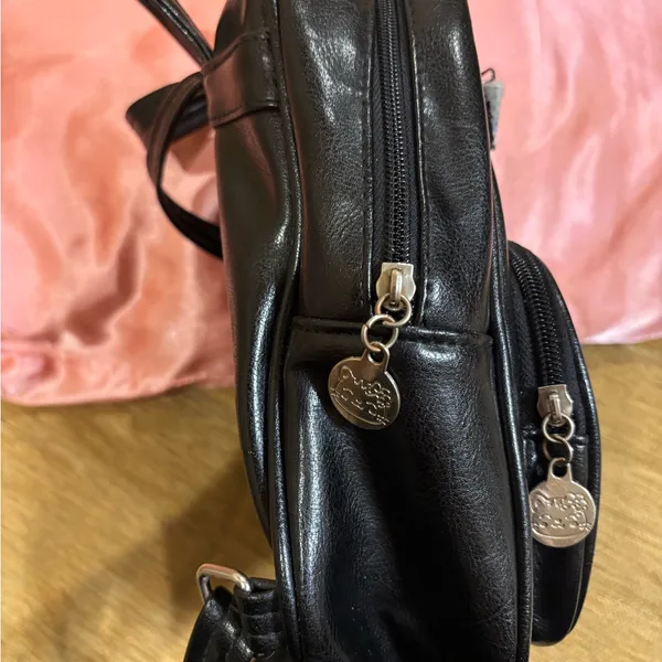 Cat and Bow Mini Black Backpack.Cat zippers,Like leather.Front pockets,2 inside - Image 2