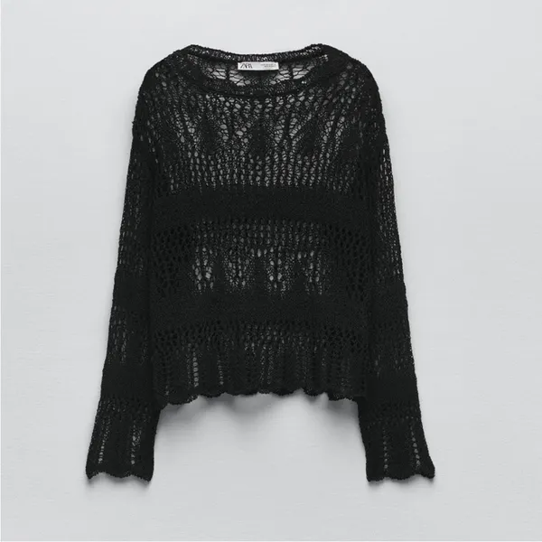 ZARA Black Crocheted Open Knit Scalloped Crewneck Sweat Small - Image 5