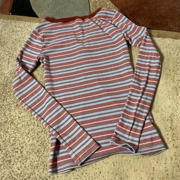 Madewell Striped Ribbed Henley Top Women S Blue Pink Long Sleeve V-Neck MB172 - Image 7