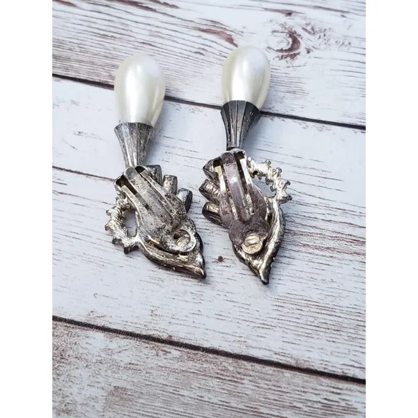 Vintage Clip On Earrings Extra Large Faux Pearl & Clear Gem Statement Dangle - Image 7