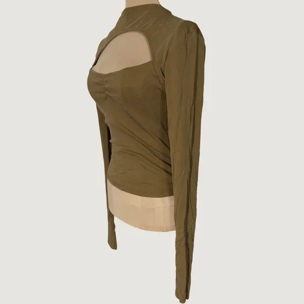 341 | Intimately Free People‎ S Olive Ribbed Mock Neck Open Back Long Sleeve Top - Image 3