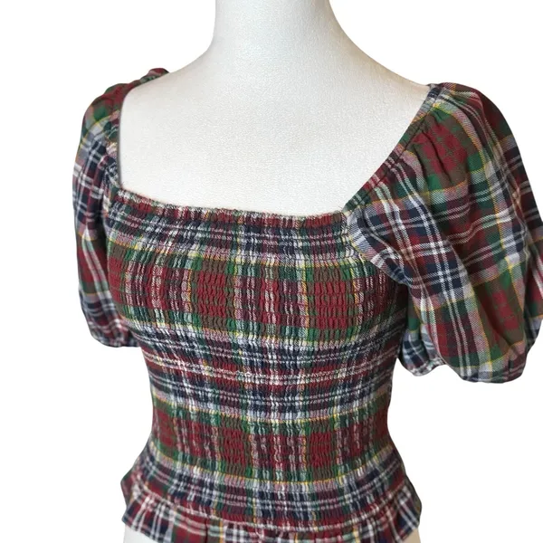 American Eagle Womens Plaid Square Neck Smocked Crop Top Small Holiday‎ Heritage - Image 5