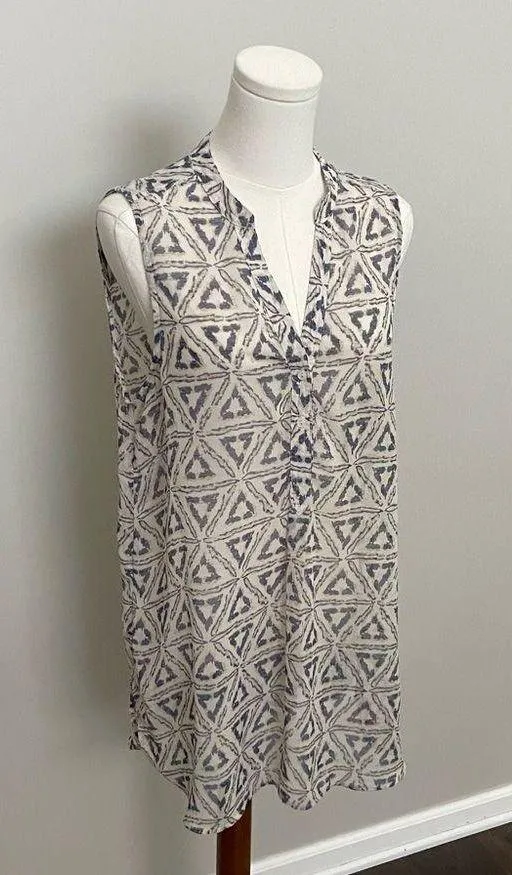 Lumière Top Tunic Sheer Split Neck Collar Lagenlook Geometric Blue Tan Ivory - Image 2