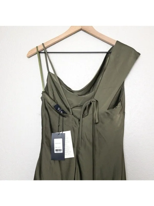 NWT ABS Allen Schwartz Everly Satin Drape Dress 2 Olive Green Slit One Shoulder - Image 10