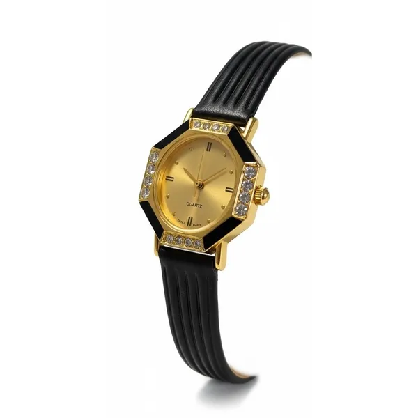 Gold Tone Black Accent Women's Quartz Fashion Watch with Rhinestone‎ Detail - Image 2