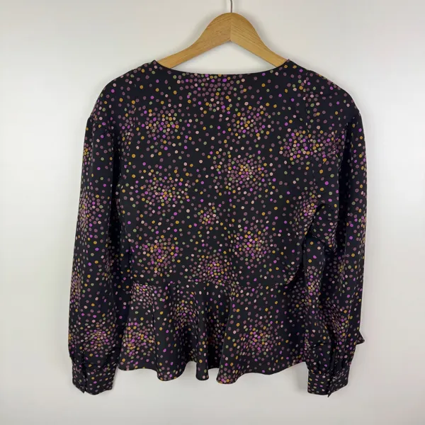 Kate Spade Polka Dot Wrap Blouse‎ Size XS Black Peplum Long Sleeve Preppy Office - Image 3