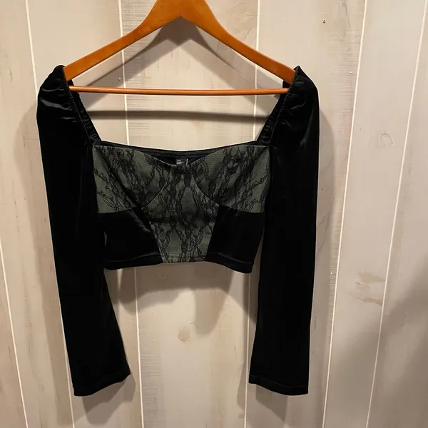 Cute velvet olive lace panel long sleeve crop top whimsigoth festival Cider - Image 4