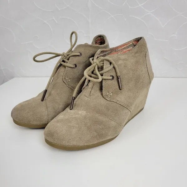 Toms Women's Shoes Size 8 Brown Suede Lace-Up Almond Toe Buck Wedges Heels - Image 2