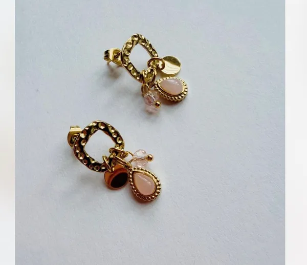 Gold Pink Quartz Dangle Earrings - Image 5
