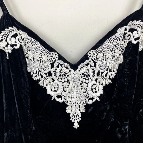 Roberta‎ Evening Gown 13/14 Black Velvet Lace Sheath V-Neck Long Slit Vintage - Image 3