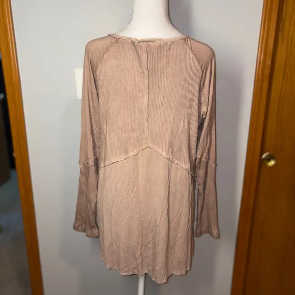 POL boho Long Sleeve V Neck Tunic Top Ribbed Knit Casual Blouse pink‎ beige - Image 3