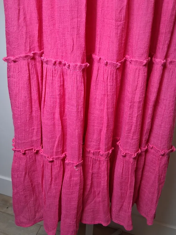 &merci Hot Pink Tiered Midi Dress w/ Short Sleeves Pockets Lined Women's Size L - Image 10