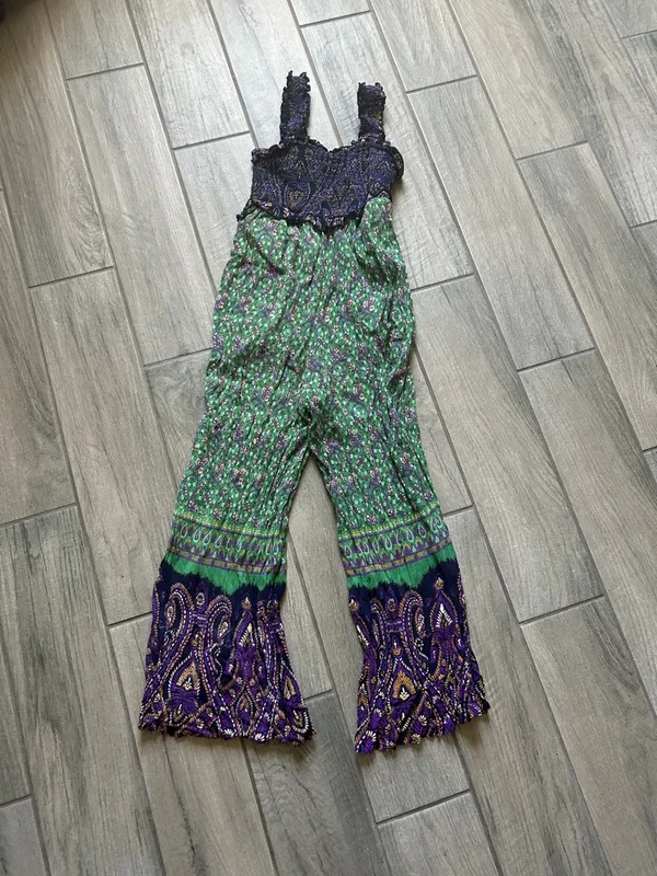 Urban Outfitters Green and Purple Printed Boho Jumpsuit - Image 4