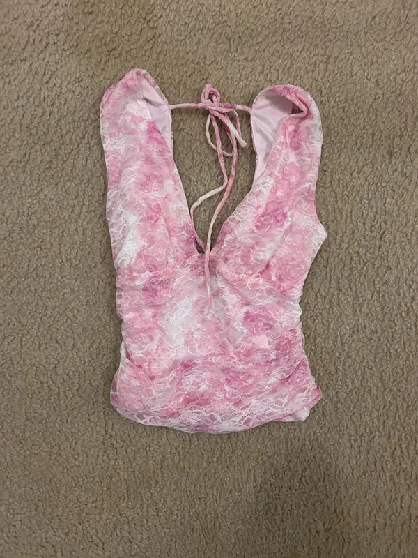 Wild Fable Blush Floral Lace Ruched Tank Top XS - Image 2