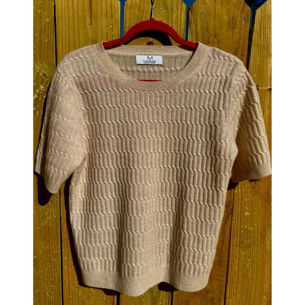 Magaschoni 100% Cashmere Short‎ Sleeve Sweater Cable Knit Beige Tan Womens S M - Image 10