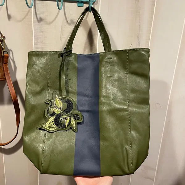 Cute olive stripe boujee Saks vegan leather shopper tote floral bag tag - Image 11