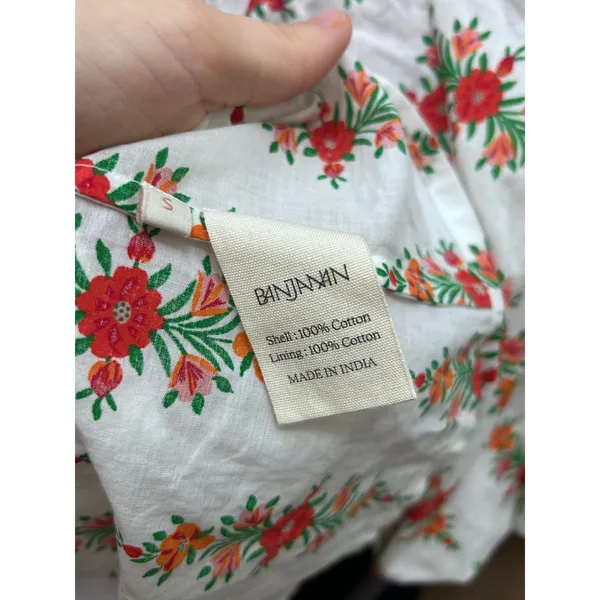 Banjanan White Floral Cotton Puff Sleeve Pleated Neck Tie Back Top Small - Image 2