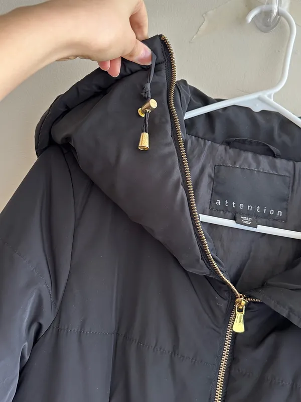 attention Black Fitted Puffer Jacket, Wide Collar, Gold Hardware, Size Small - Image 7