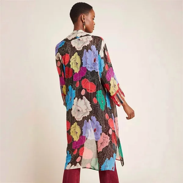 Anthropology Bl^nk London Bea Shimmer Duster Kimono Floral and Metallic Size S/M - Image 2