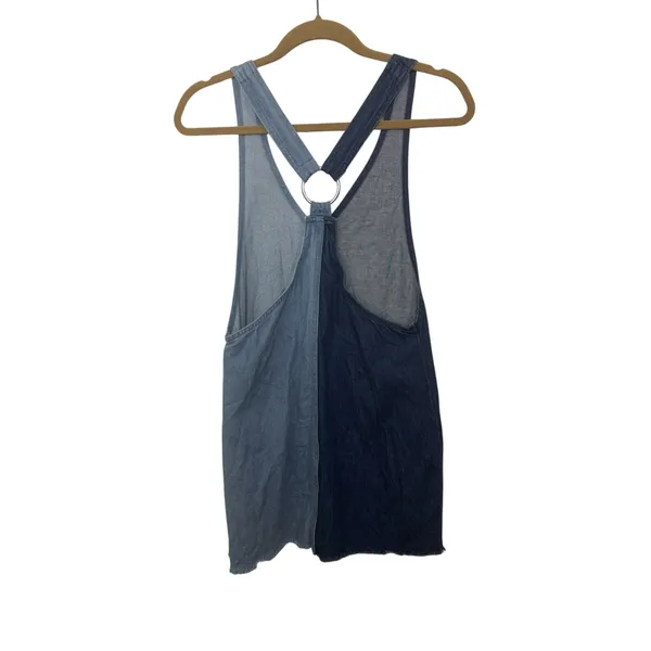 H&M Blue Patchwork Denim Overall Mini Dress 4 Pocket Mixed Media Distressed - Image 2