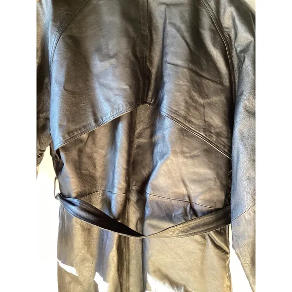 Learsi Vintage Black Leather Trench Coat Longline Belted Jacket Large - Image 7