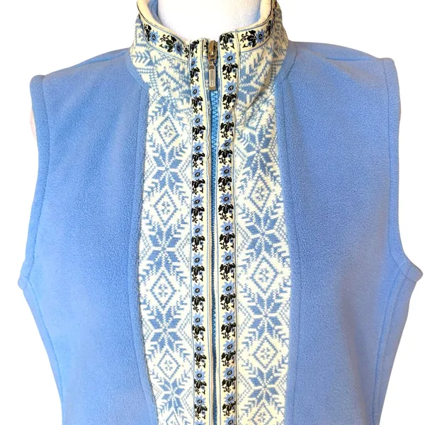 LL Bean Vest Jacket Blue Nordic Snowflake Fleece Mock Neck Full Zip Womens Med - Image 5