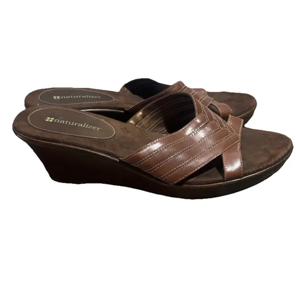Naturalizer Women's Brown Wedge Heel‎ Slip On Dressy Sandal Vacation Casual Sz 8 - Image 4