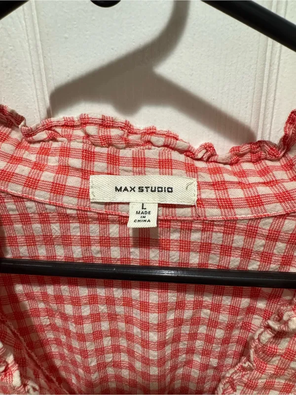 Max Studio Smocked Red Gingham Maxi Dress with Ruffle Trim - Image 3