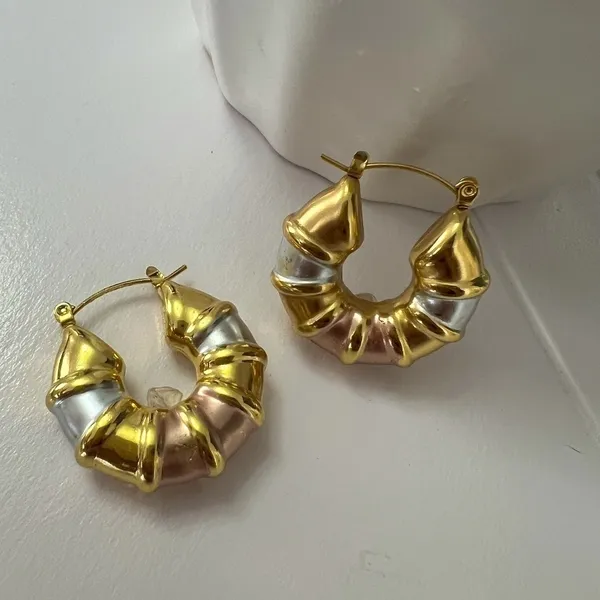 Tri Color Bamboo Hoop Earrings Stainless Steel Womens Jewelry - Image 4