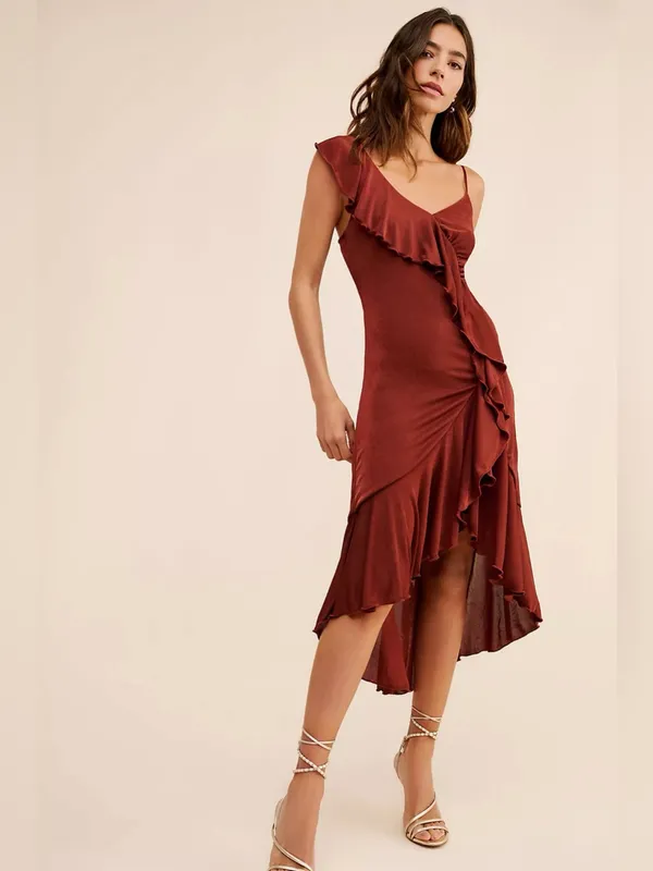 Anthropologie One-Shoulder Ruffled High-Low Midi Dress in Brown - Image 2