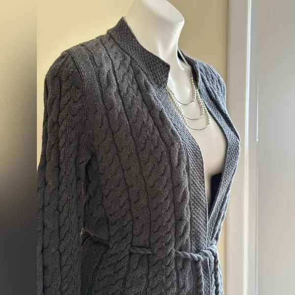 Willi Smith Gray Knit Cable Cardigan No Buttons with Belt 100% Cotton SZ S - Image 4