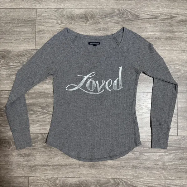 American Eagle Women Top XS Grey Loved Waffle Knit Thermal Scoop Neck Raglan Y2K - Image 5