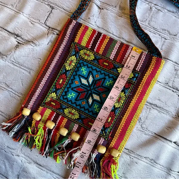 Boho Beaded Fringe Multicolored Embroidered Floral Fabric Crossbody Bag Purse - Image 8