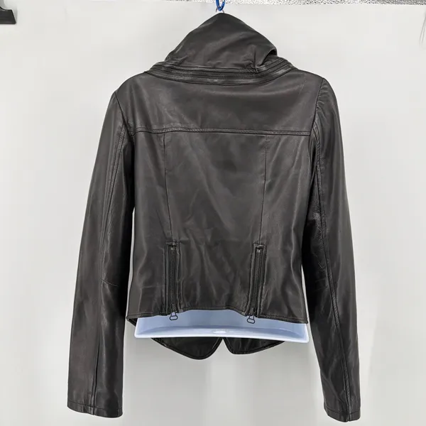 Alice + Olivia Black Lambskin Leather Asymmetric Drape Collar Moto Jacket Fits S - Image 8