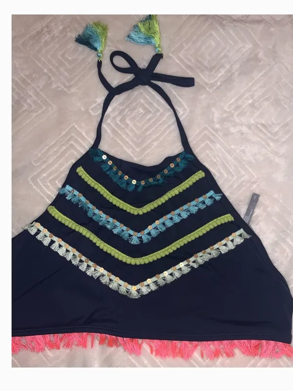 aerie Navy High-Neck Bikini Top with Coral Fringe | Size Medium (New $34.95) - Image 15