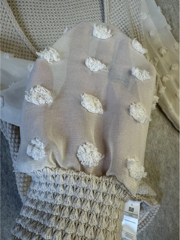 CUPSHE Wrap Waffle Knit Top Sheer Sleeve With Poms Beige Women’s Small - Image 5