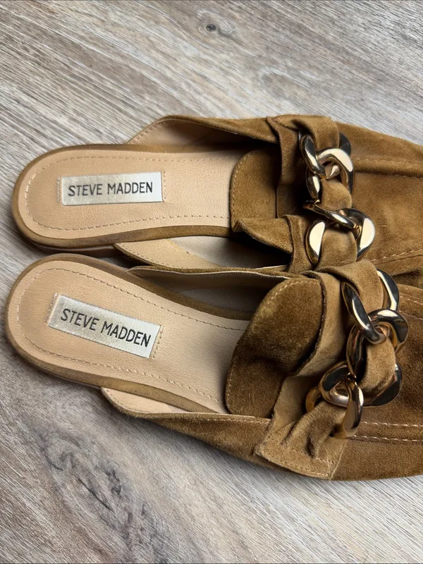 Steve Madden Cassady Tan Suede Chain-Accent Mules Size 8.5 M - Image 3