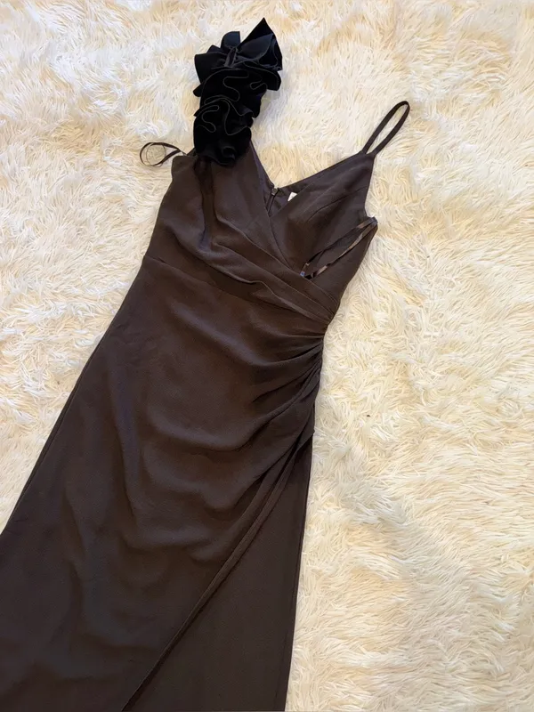 NEW Dress The Population Camelia Ruffle Detail Mocha black Gown Sz M - Image 6