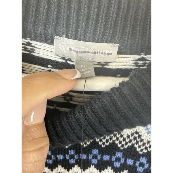 T by Talbots Fair Isle Thermolite Snap Mockneck Sweater Black/Blue Womens M NWOT - Image 7