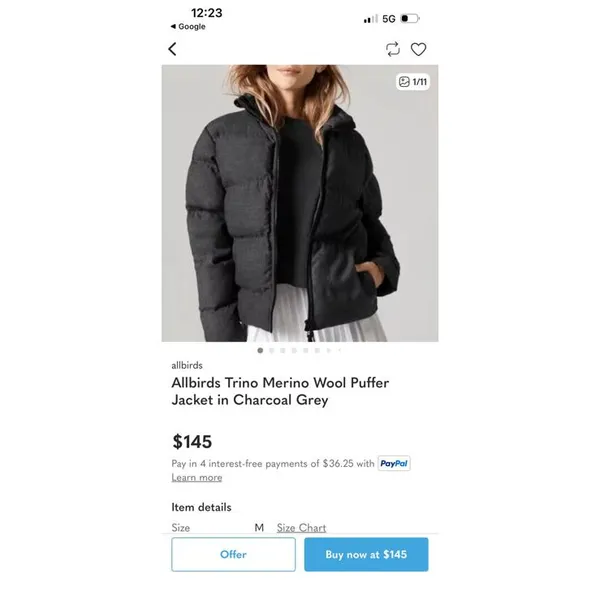 Allbirds Trino Merino Wool Puffer Jacket in Charcoal Grey Lg - Image 8