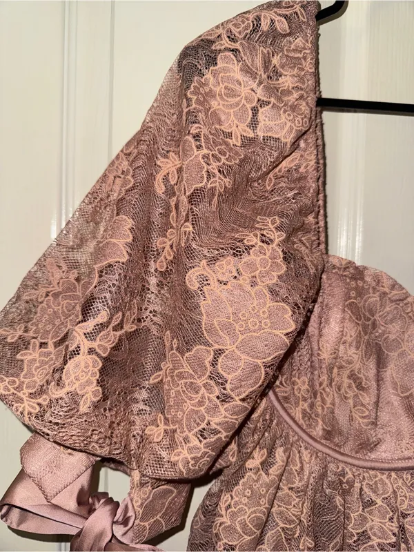 For Love & Lemons Size L Mauve Lace Puff Sleeve Mini Dress Satin Bow Ties - Image 8