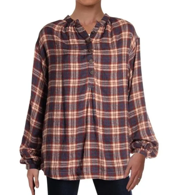 Free People Northern Bound Plaid Popover Button Up Top Small Fall - Image 3