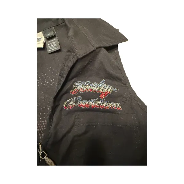 Harley-Davidson Womens Black Rhinestone Eagle Zip Front Sleeveless Shirt Small - Image 2