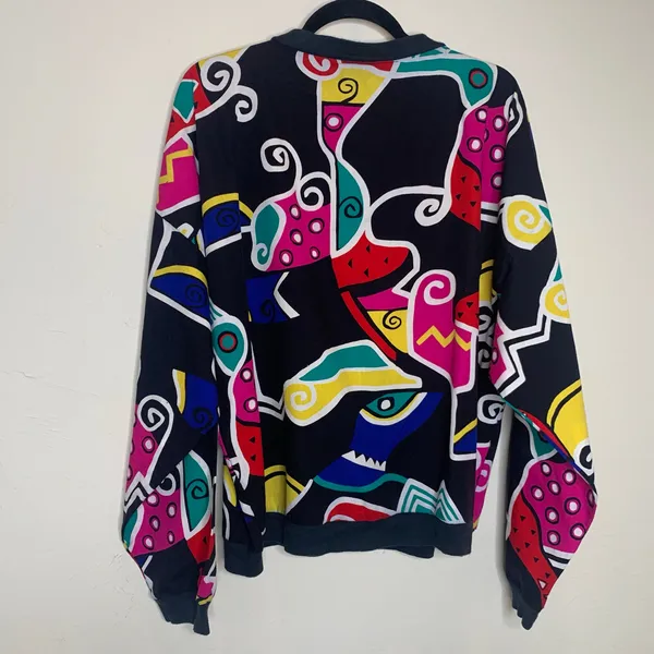 Vintage Bright 90s Pullover Cotton Sz XL Geometric Pattern Black - Image 7