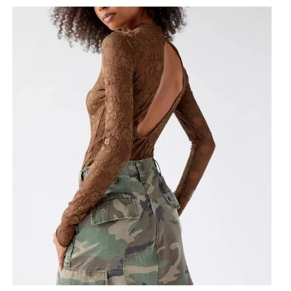 NEW Urban Outfitters Out From Under Kat Lace Open Back Mockneck Bodysuit L Green - Image 2
