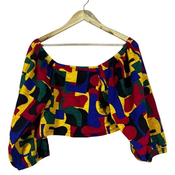 NWT It's Fashion Twist Front Geometric Crop Top Multicolor Retro Puff Size 1X - Image 4