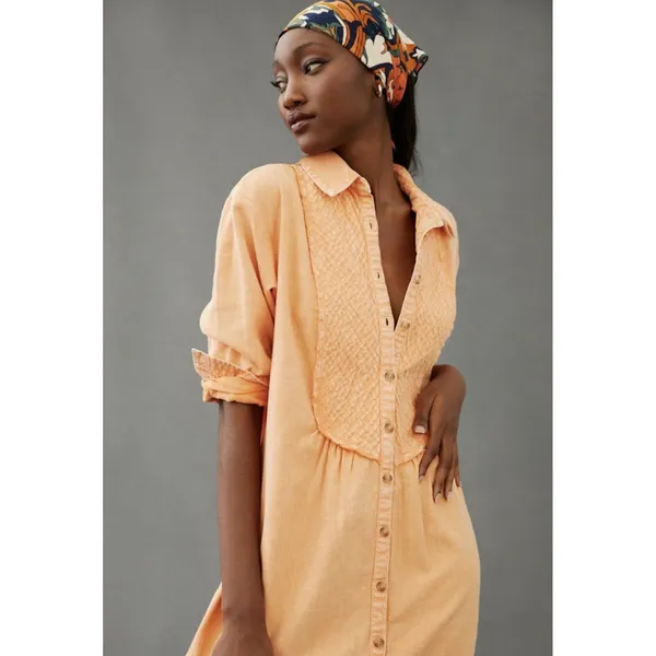 Anthropologie Pilcro Orange Long Sleeve Button Down Shirt Dress Cutout Back Womens Size Med - Image 4