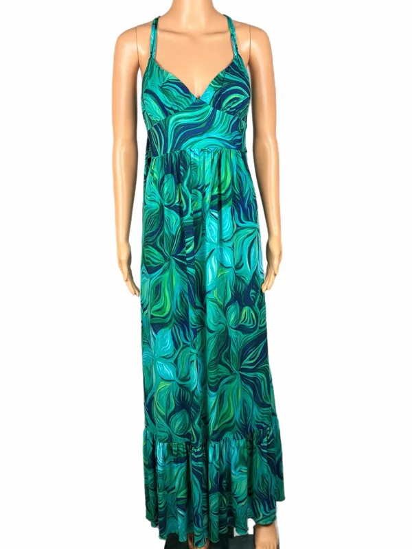 BISOU BISOU Green Navy Blue Tropical Swirl Print Empire Waist Maxi Dress Size 16 - Image 2